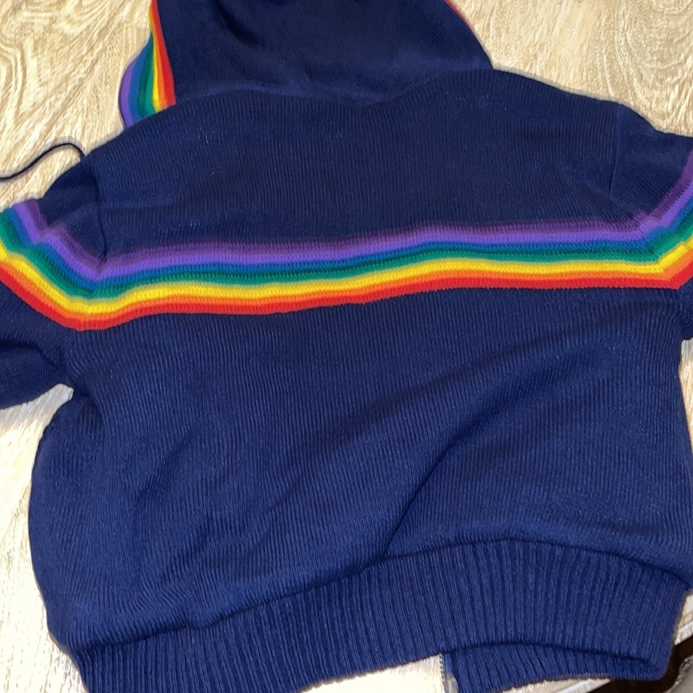 Vintage 60s 70s Navy blue Rainbow Hooded Sherpa lined Jacket Coat - Picture 4 of 8